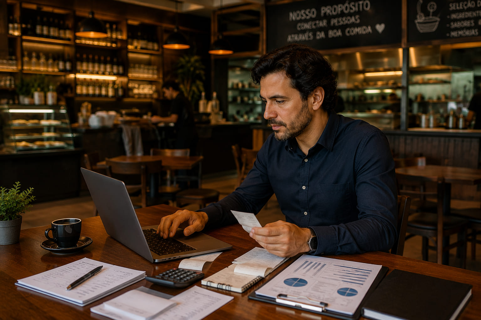 Profissional organizando o financeiro de um restaurante em sistema digital