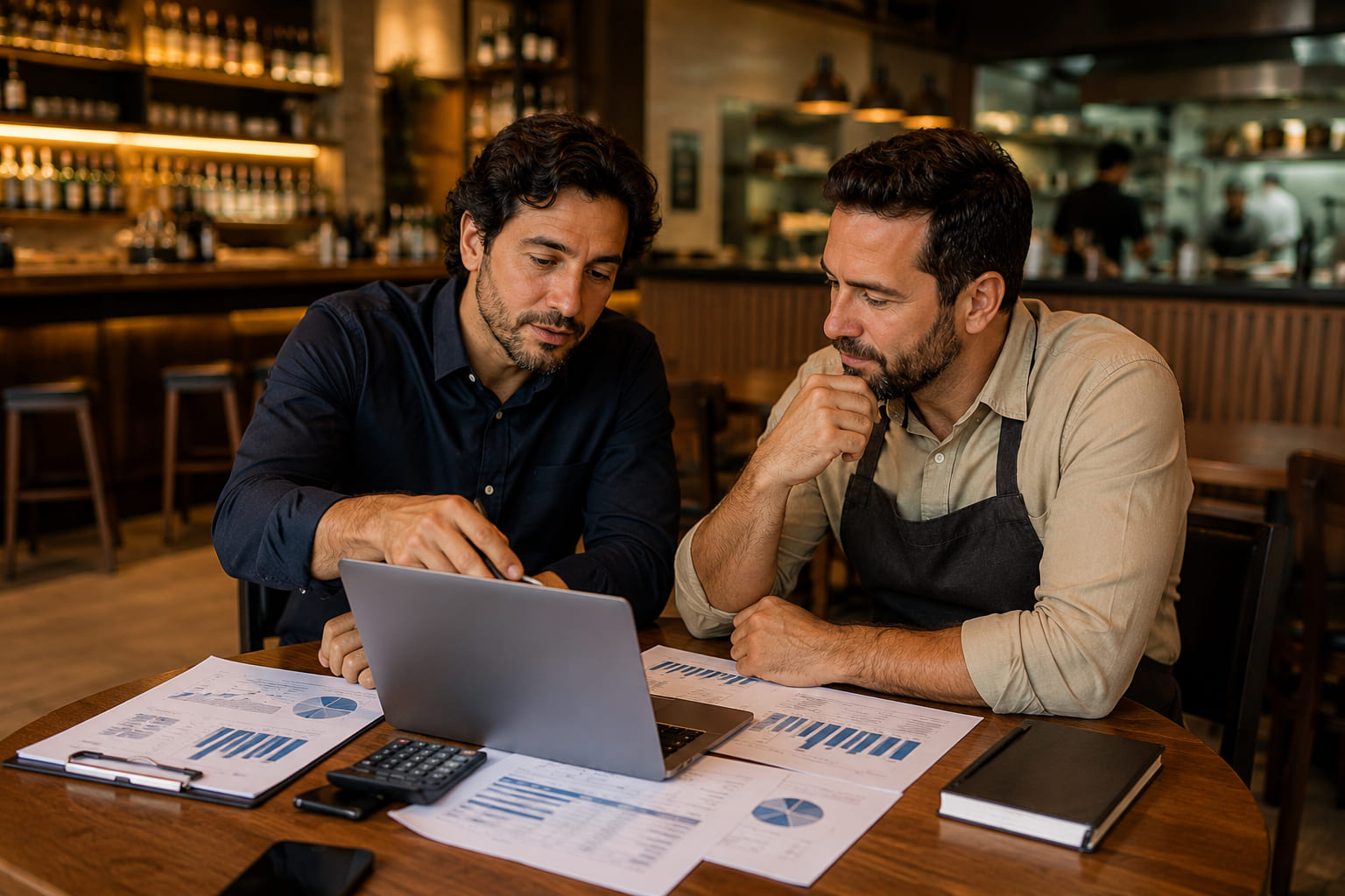 Consultor e proprietário analisando custos e indicadores do restaurante