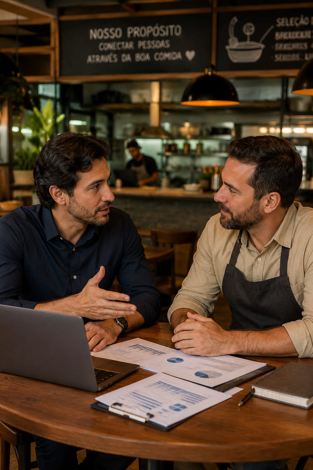 Consultor contábil conversando com proprietário em um restaurante
