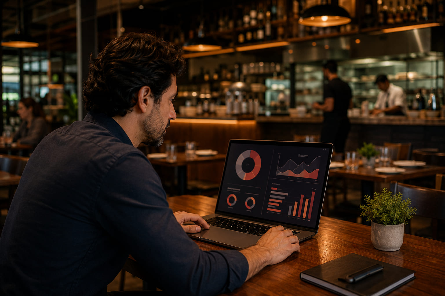 Gestor usando dashboard financeiro dentro de um restaurante