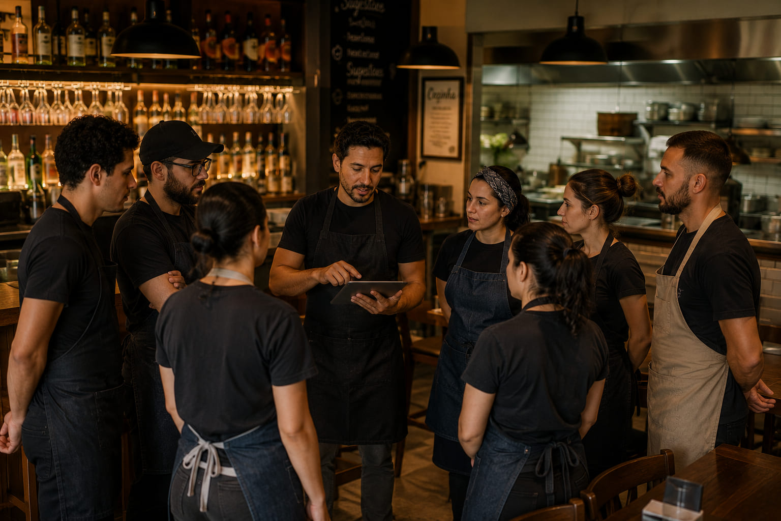Equipe de restaurante reunida com uniformes e aventais