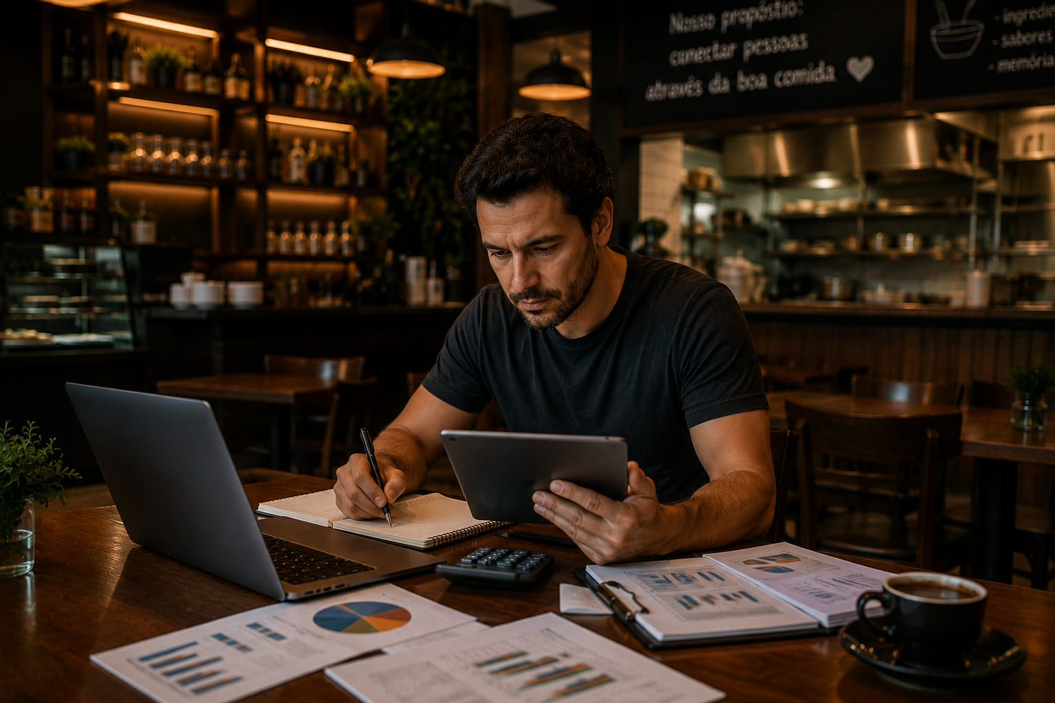 Gestor de restaurante analisando CMV e fluxo de caixa após o expediente