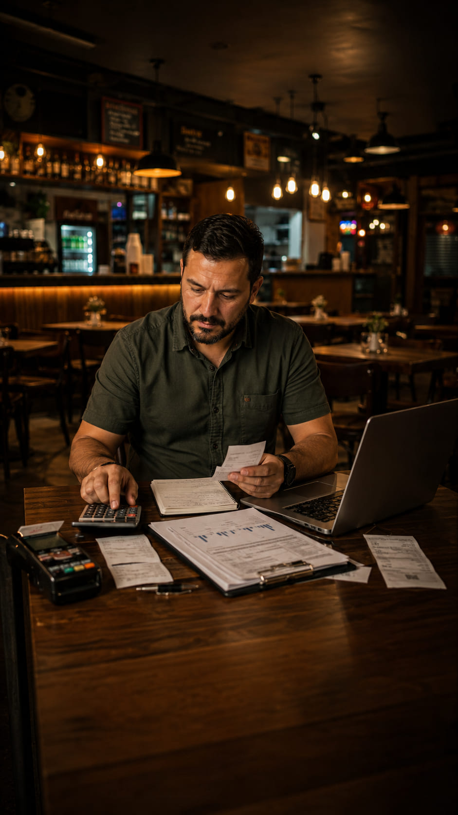Empresário preocupado analisando contas e relatórios dentro do restaurante