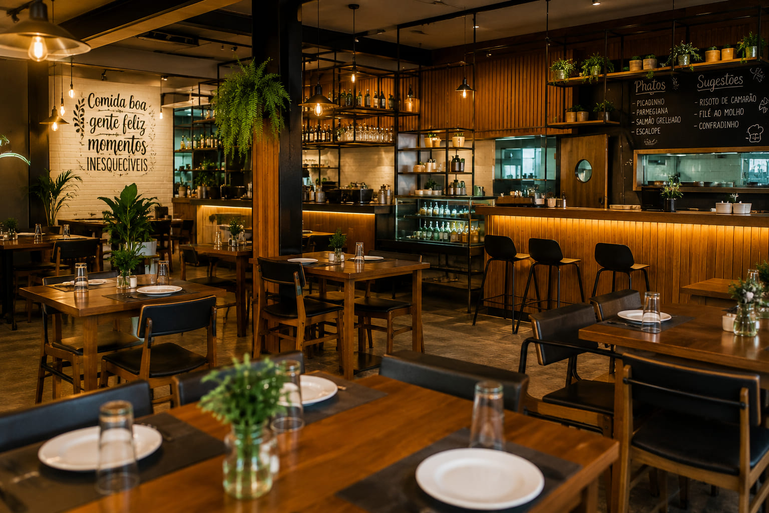Salão de pequeno restaurante brasileiro moderno