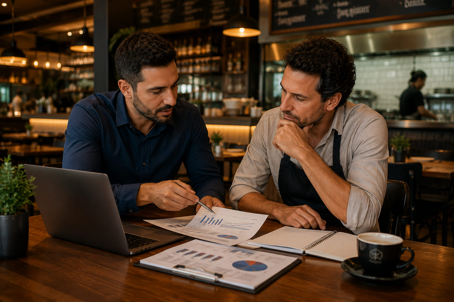 Consultor orientando proprietário durante troca de contador do restaurante
